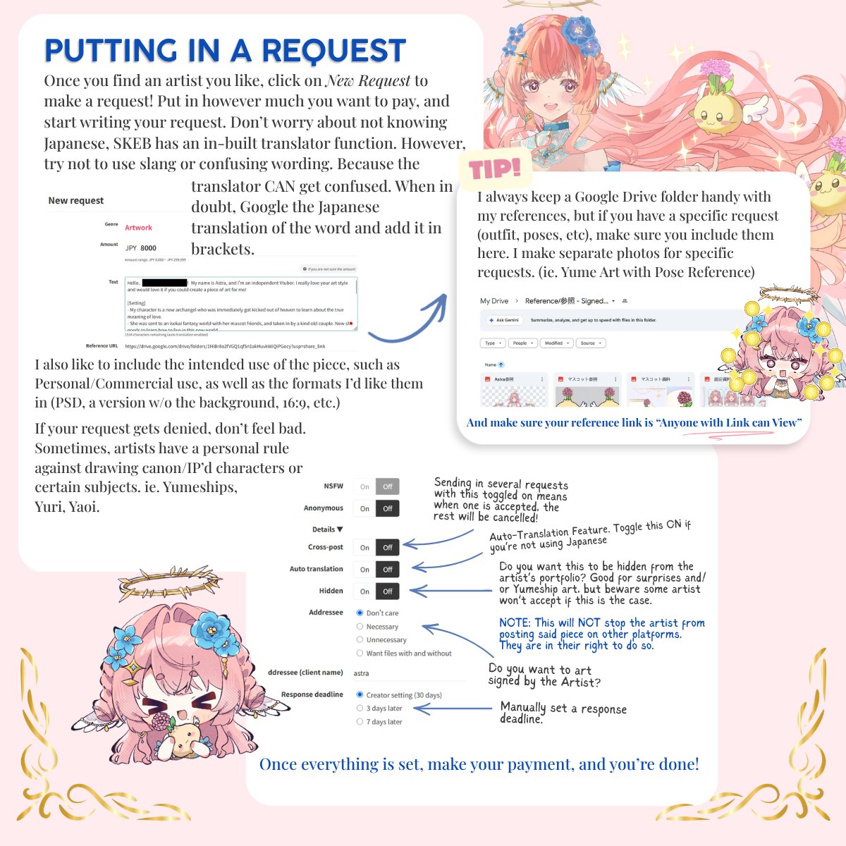 SignedAstra's tweet photo. A couple of my friends didn't know how to use Skeb, so I made this infographic for them. Figured I'd share it here as well, to help anyone who's been too intimidated to use Skeb!

If anyone has any questions, feel free to ask in the comments, and I'll do my best to answer! https://t.co/ULmkEY8oGY
