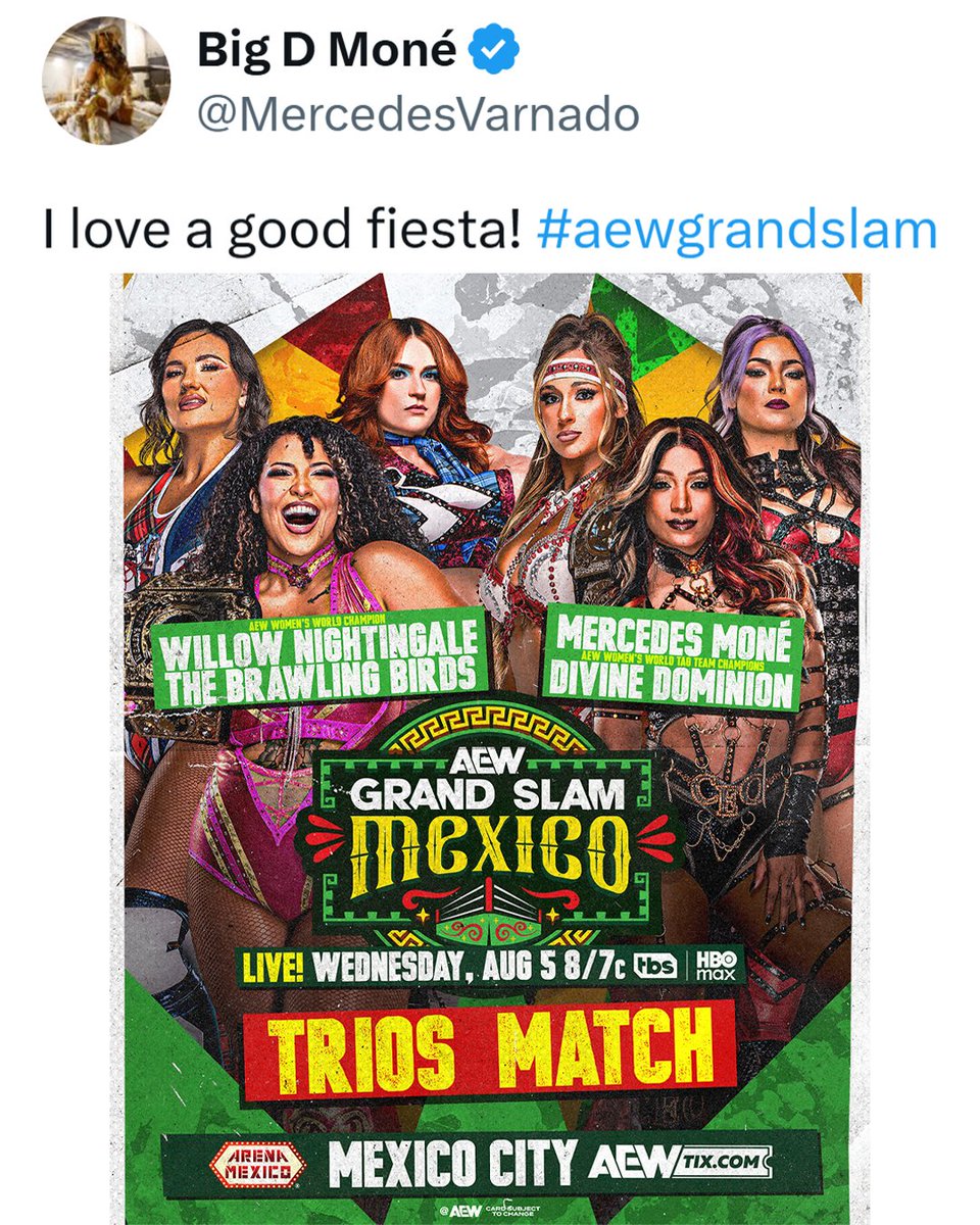 AEW's tweet photo. #AEWDynamite #GrandSlamMexico
8/7c, TBS &amp; HBO Max, Tomorrow, 8/5!
Alex Windsor/@WillowWrestles/@jmehytr vs @MercedesVarnado/@MeganBayne/@Lena_Kross
The Brawling Birds saved Willow from an attack by Moné &amp; Divine Dominion. Now they'll all battle in a Trios Match, TOMORROW! https://t.co/xwWmytyLrf