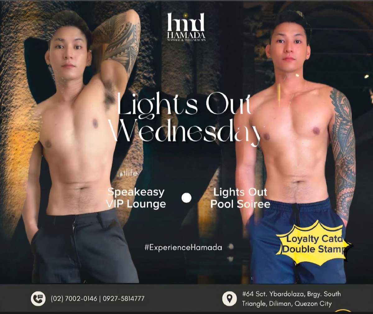 RepublicFantasy's tweet photo. Hamada Welness Spa
Brings you

LIGHTS OUT WEDNESDAY 
🔥  Speakeasy VIP Lounge
🔥  Lights Out Pool Soiree
🔥  Double Stamp on 
       Loyalty Card when you avail any massage

Dm for inquiries and reservations

TG : @MidnytFantasii https://t.co/AqtjyBxcf7