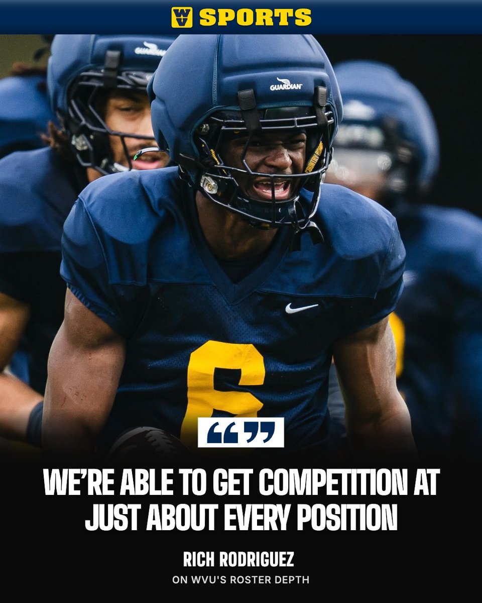 WVSportsDotCom's tweet photo. Rich Rodriguez wants to play more players in 2026, but only if they've earned it. We take a closer look at whether #WVU has the depth and competition to make that a reality this fall.  

Read ▶️ https://t.co/bD5B8RAkJG https://t.co/gmuuxE8Vhh
