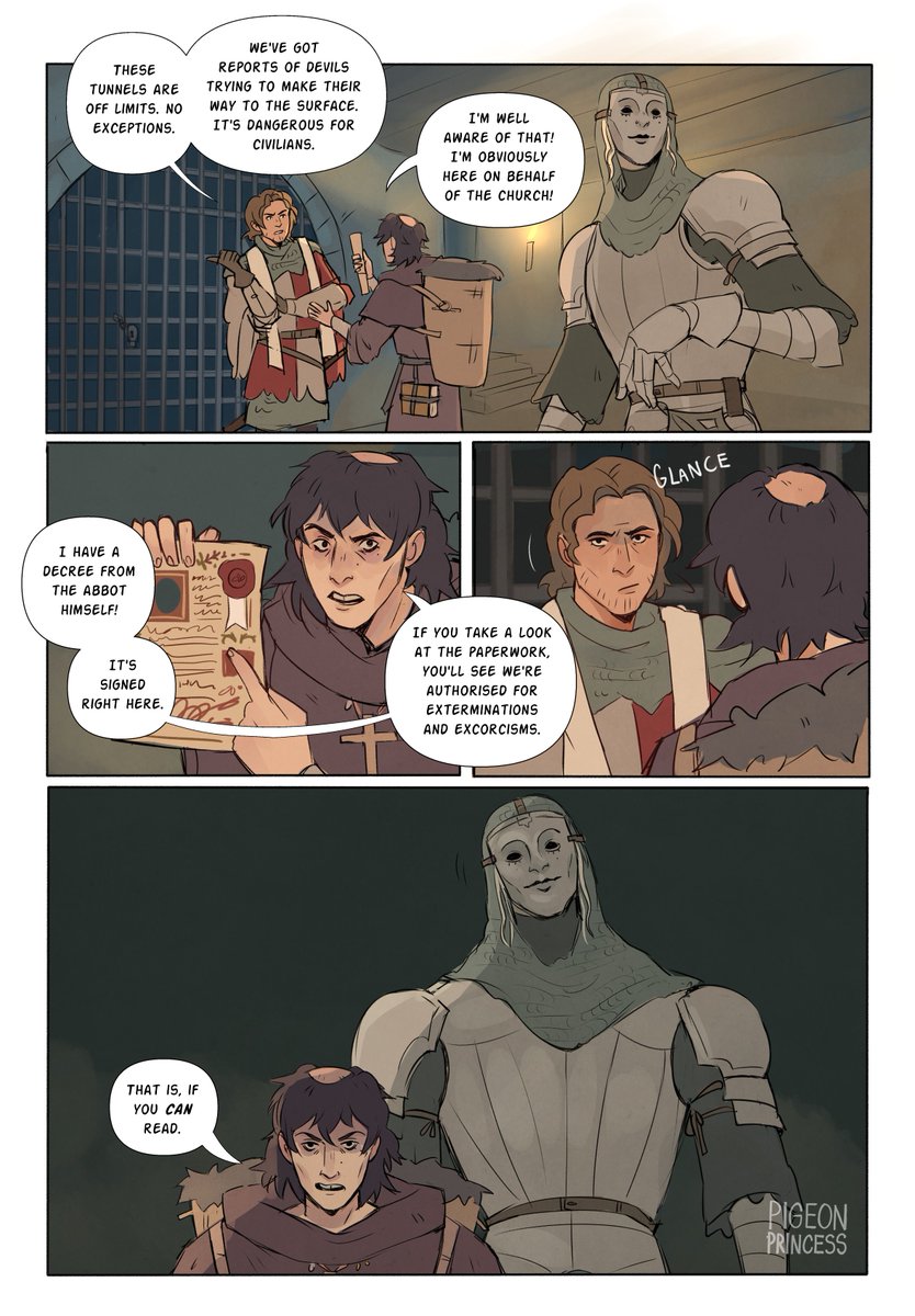 _PigeonPrincess's tweet photo. HARK! If you've got devils in your dungeon and need them exterminated, do I have the duo for you! PART 1 of my short intro comic for GALLANT⚔️💀 https://t.co/kSUkB7tpna