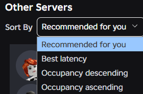 Borlng's tweet photo. Can sort Roblox servers by latency now, good update. https://t.co/1ckPrBfY5V