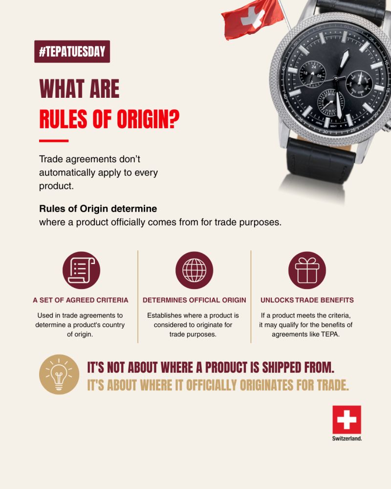SwissEmbassyIND's tweet photo. Not every product made in #Switzerland automatically qualifies for the benefits of a trade agreement. 

Why?

Rules of Origin determine a product's official country of origin for #trade purposes and help decide whether it may qualify for the benefits of #TEPA.

#TEPATuesday https://t.co/91ev8MtXur