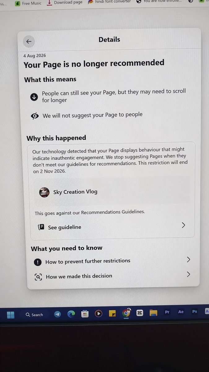 Mrhira72's tweet photo. Hello @Meta and @Facebook, 
I need your help regarding my Page recommendation issue.

My Page is showing: "Your Page has signs of inauthentic engagement," which is affecting my recommendations. However, my Account Status shows "No Restrictions."

I create original travel and religious informational content to help people with genuine guidance and useful information. I have never used fake followers, bots, or any artificial engagement methods.

I request the Meta Team to please review my Page manually and help restore my recommendation eligibility.

Thank you.
