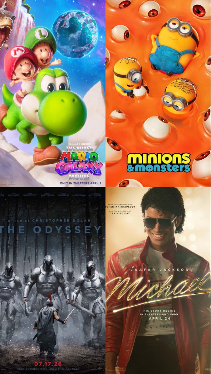 CineScope06's tweet photo. Universal just made box office history. 🎬
The studio has become the first Hollywood studio to surpass $4 billion at the global box office in 2026, powered by blockbuster hits including The Odyssey, The Super Mario Galaxy Movie, Michael, and Minions & Monsters.
A milestone that highlights the strength of theatrical moviegoing in 2026. 🍿📈
#UniversalPictures #BoxOffice #Hollywood #Movies #TheOdyssey
#Micheal #Mario