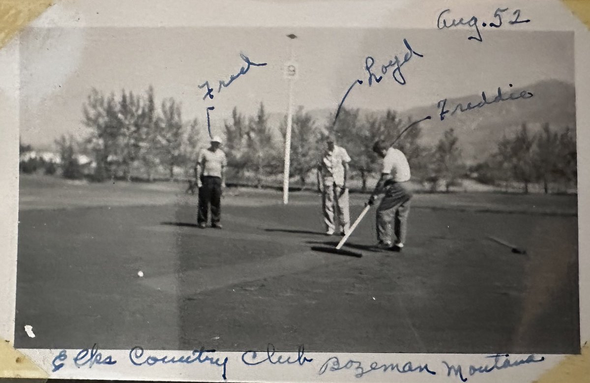 KayKayGolf's tweet photo. Classics.
1952 my dad, a PGA professional, had a summer job at the Elks CC in Bozeman, Montana.
Rake your line prior to putting.
Sand greens.
#pgaprofessional https://t.co/KukKwy43y7