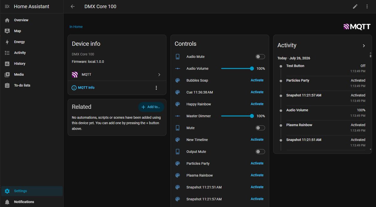 DmxCore's tweet photo. DMX Core 100 now appears in Home Assistant on its own.

Same MQTT broker → discovered in seconds. Scenes, dimmer and zone sliders, mute and schedule switches — all two-way, real time. No YAML.

#HomeAssistant #MQTT #DMX

https://t.co/9Nk8bXgs8c https://t.co/kwOR7Qyfu4