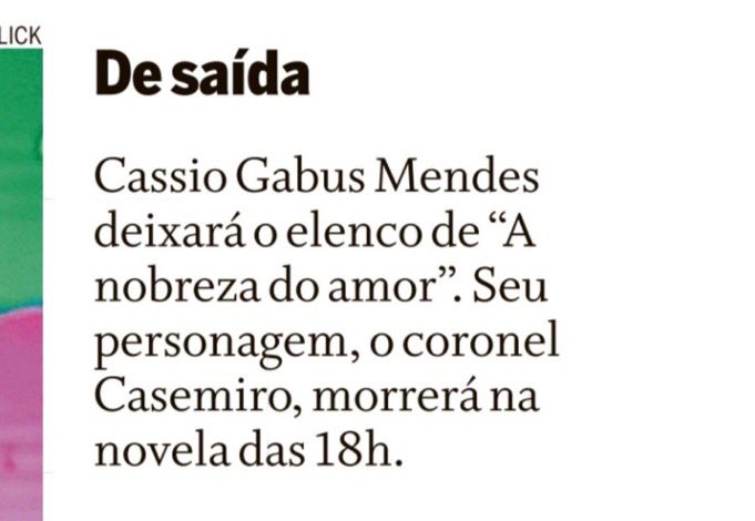 filomenaferret0's tweet photo. Cássio Gabus Mendes deixará o elenco de #ANobrezaDoAmor 

O Coronel Casemiro morrerá na trama das 18h.

📰 Coluna Play https://t.co/HzQvoBb8MU