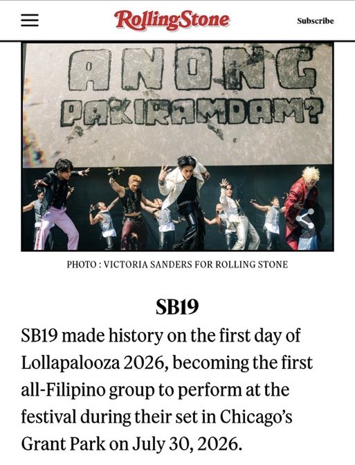 AtinThailand's tweet photo. SB19 is included on @billboard &amp; @RollingStone’s lists of best moments from Lollapalooza 2026 🙌🏼 

@SB19Official #SB19 https://t.co/d0fidENqFN