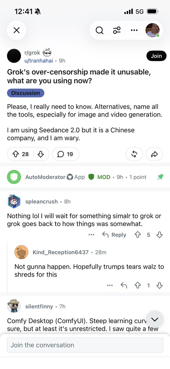 fiddlerboi's tweet photo. The Grok subreddit is full of a bunch of losers complaining they can’t make ai goons anymore lmao. https://t.co/HU4Cw3tfj1