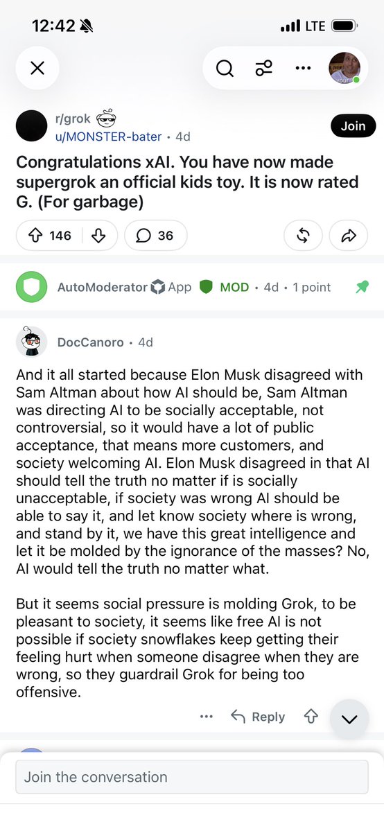 fiddlerboi's tweet photo. The Grok subreddit is full of a bunch of losers complaining they can’t make ai goons anymore lmao. https://t.co/HU4Cw3tfj1