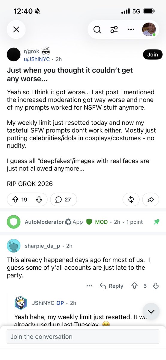 fiddlerboi's tweet photo. The Grok subreddit is full of a bunch of losers complaining they can’t make ai goons anymore lmao. https://t.co/HU4Cw3tfj1