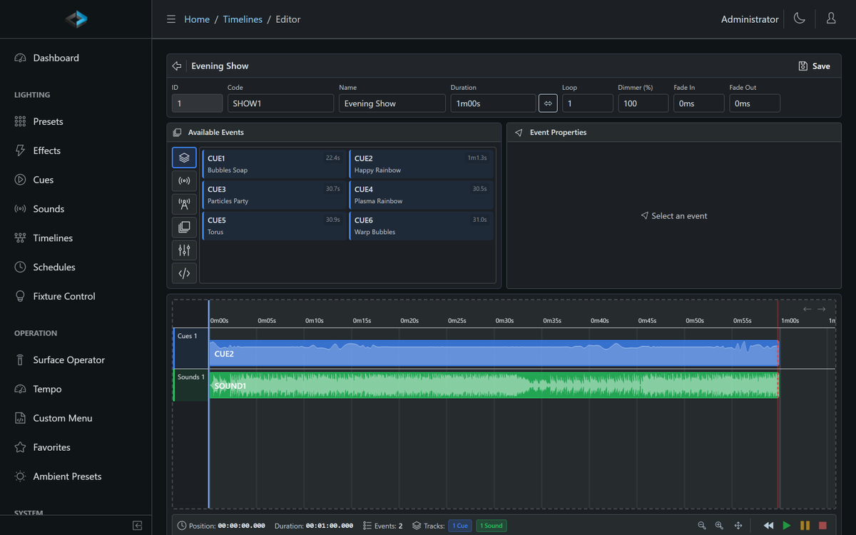 DmxCore's tweet photo. Timelines can now wait.

Drop a Hold milestone on a DMX Core 100 timeline and playback pauses — sounds keep looping, lights hold — until a button, a trigger, or a timeout says go.

Interactive exhibits. Operator-cued shows.

#DMX #lightingcontrol

https://t.co/Mxvw6BuEcL https://t.co/6RetwVQfwd