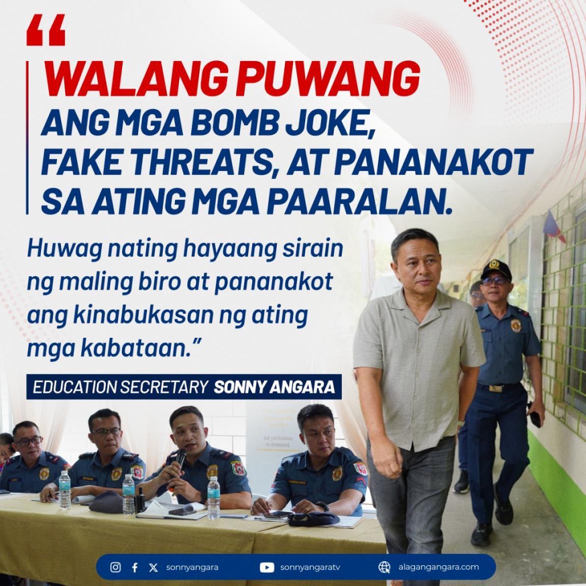 SonnyAngaraNews's tweet photo. Secretary Sonny Angara: Maraming salamat sa Philippine National Police sa kanilang mabilis at maagap na pag-aksyon laban sa mga nasa likod ng mga gawa-gawang banta sa ating mga paaralan. 🤝

Paalala rin sa lahat: may kaakibat na pananagutang legal at administratibo ang pagpapakalat ng bomb joke, fake threats, at iba pang maling impormasyon na naglalagay sa panganib ng ating mga paaralan.

Patuloy tayong magtulungan upang mapanatiling ligtas ang mga paaralan para sa bawat batang Pilipino. 🇵🇭

#AlagangAngara #BagongPilipinas #DepEdPhilippines
