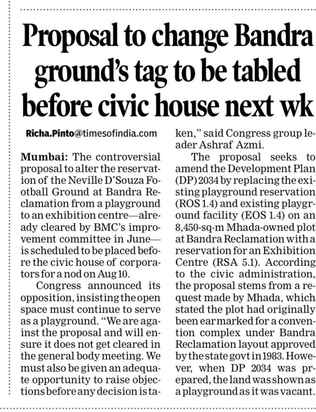 richapintoi's tweet photo. The proposal to alter the reservation of the Neville D’Souza Football Ground at Bandra Reclamation from a playground to an exhibition centre—already cleared by the @mybmc Improvement Committee in June this year—is scheduled to be placed before the civic house of Corporators for a nod on August 10.
https://t.co/GZPmEsRuEZ