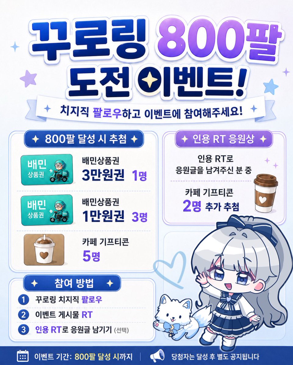 kkuroring's tweet photo. 🎉 꾸로링 치지직 800팔 이벤트 🎉

참여방법!
✅ 꾸로링 치지직 팔로우
✅ 이벤트 게시물 RT

800팔 달성 시 배민상품권과 카페 기프티콘을 드립니다💙

💌 인용 RT로 응원글을 남겨주신 분 중
카페 기프티콘 2명 추가 추첨!

많은 관심과 응원 부탁드립니다✨
치지직 링크
https://t.co/pZwNB4OtCu https://t.co/zLdXSncsUt