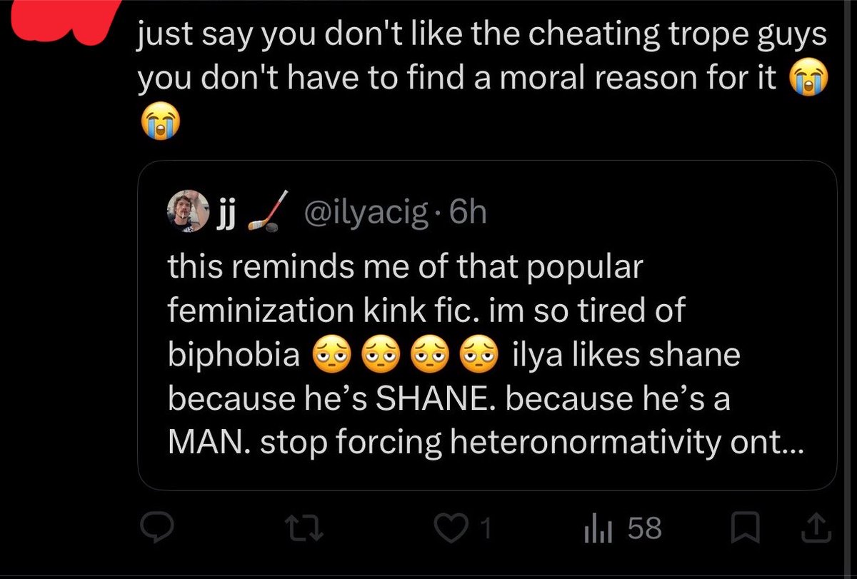 ilyacig's tweet photo. mind you cheating bc ilya misses women and shane can’t fulfill him fully as a man isnt a cheating trope its fully a biphobia trope 🫶💆‍♂️ https://t.co/lmoLpU985w