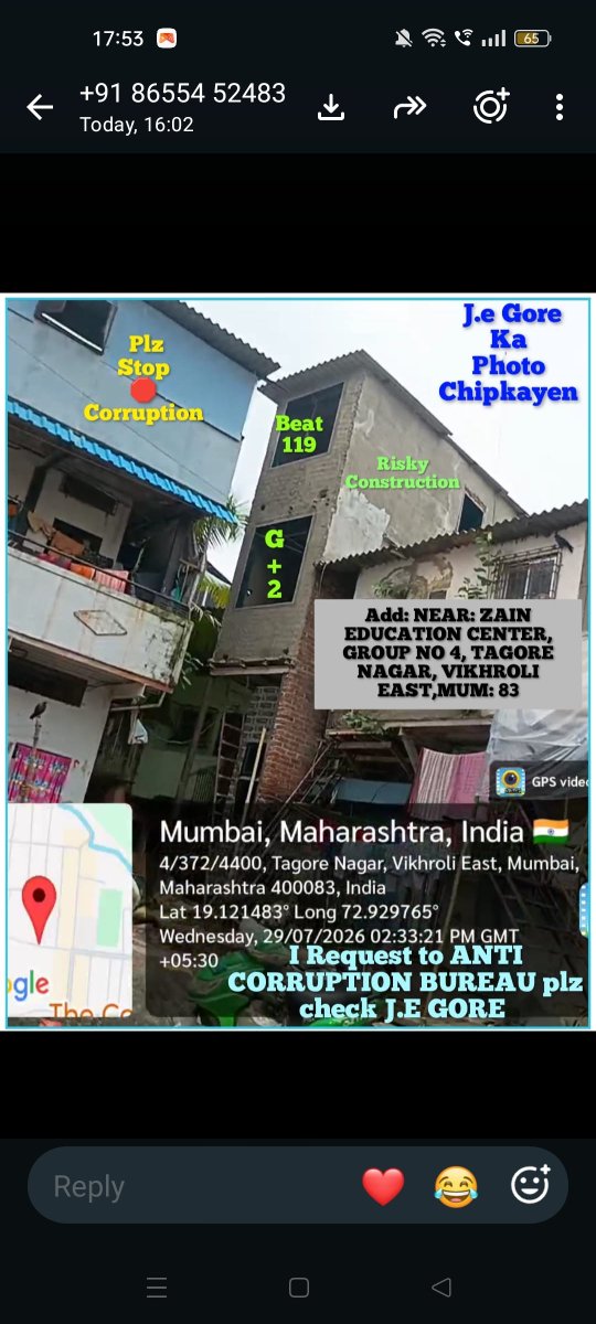 DetherPetras's tweet photo. Fw: एस वॉर्ड क्र 119 टागोर नगर विक्रोळी ईस्ट G+2 बांधकाम कोणतीही परवानगी नसताना अनधिकृत बांधकाम 119 वॉर्डाचे जुनिअर इंजिनियर श्री गोरे साहेब यांच्या व कॉन्टॅक्टर यांच्या संगतमताने झाले आहे. गोवडी मानखुर्द मध्ये अनधिकृत बांधकाम पडून 20 लोकांचा बळी गेला ... https://t.co/4b9ndoO7Tx