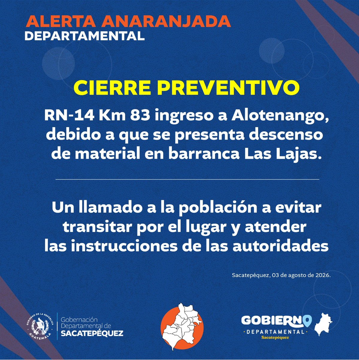 ConredGuatemala's tweet photo. ⚠️ Cierre preventivo RN-14 ingreso a Alotenango, debido a que se presenta descenso de material en barranca Las Lajas. https://t.co/dhT1oh90e6