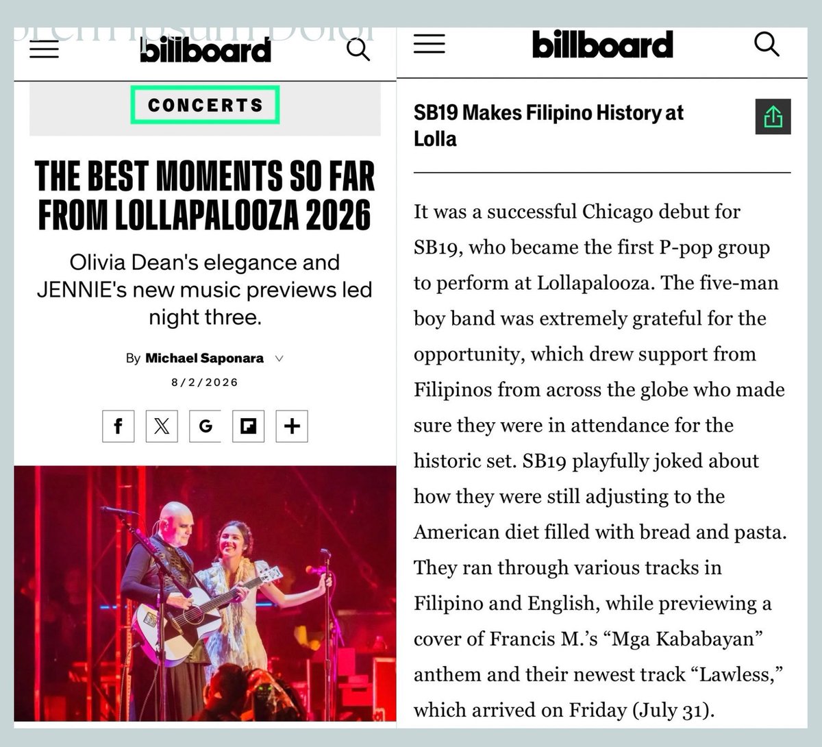 AthenaRheia's tweet photo. It's kinda delighting to see how God easily debunked the false narratives of toxic blooms against SB19 in their performance at Lollapalooza. 

From spreading that they thought it was "underwhelming" to criticizing their outfits and what not. 

Then here's Billboard, Rolling Stone and Teen Vogue spitting real hard facts.

You can never put a good man down talaga. 

Another proof that SB19 is highly favored and protected from up above 💙🙏☝️.

@SB19Official #SB19