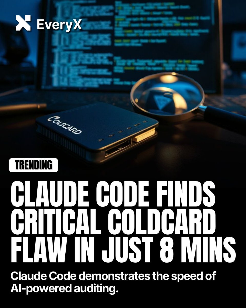 everyx_io's tweet photo. It's being reported that Anthropic's "Claude Code" managed to discover a vulnerability in the highly secure COLDCARD Bitcoin hardware wallet using just a single prompt and it took a mere 8 minutes of AI "thinking" time to pull it off.

This massive feat highlights both the incredible, rapid power of next gen AI models in auditing complex smart contracts and code, as well as the urgent need for heightened security measures across the Web3 space as AI capabilities scale.
The era of AI-driven bug bounties is here.

#Claude #ArtificialIntelligence #CryptoNews #Coldcard #Bitcoin #CyberSecurity #Web3 #EveryX #EveryXNews