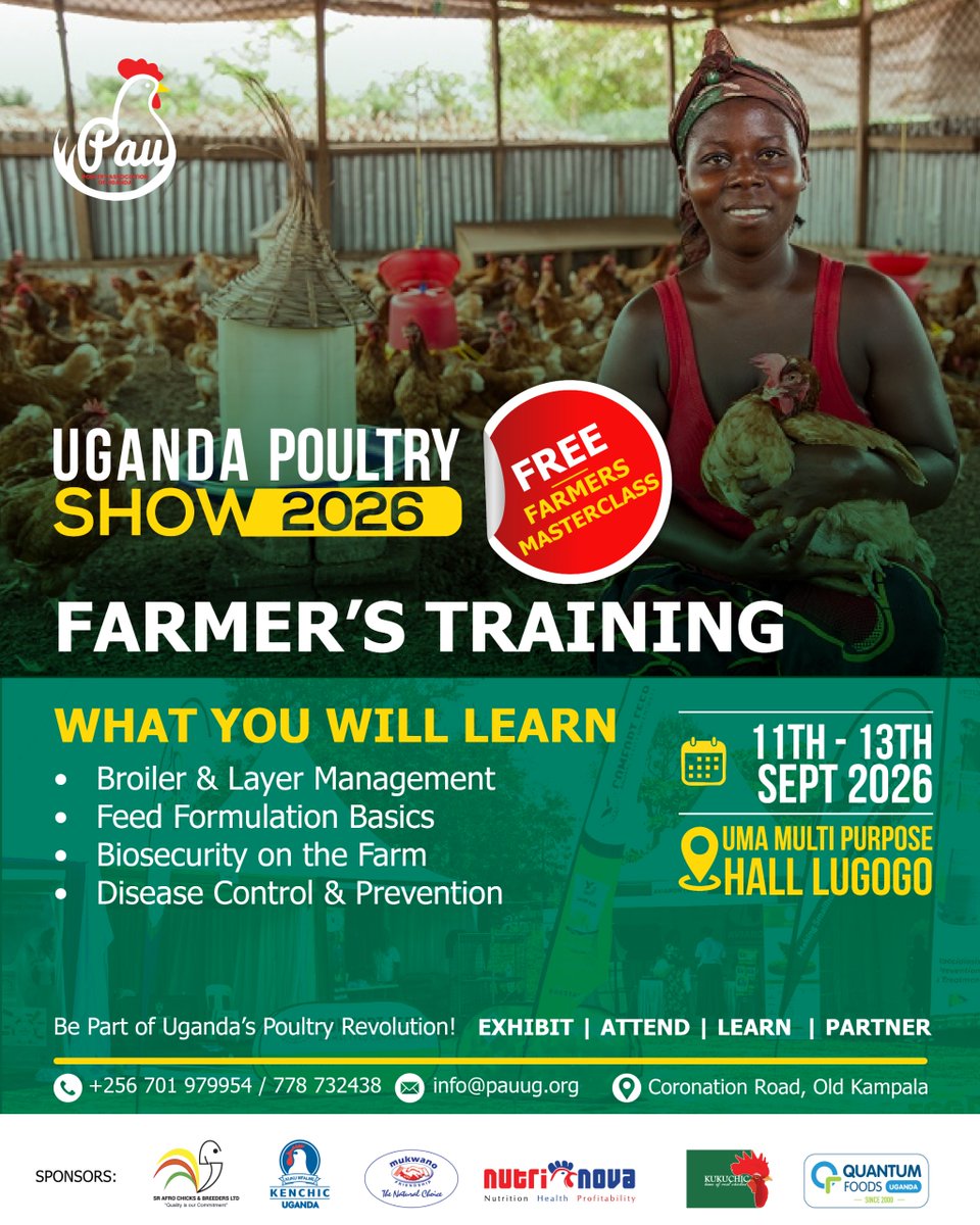 PauPoultry24's tweet photo. Better knowledge. Better birds. Better profits.
Join the FREE Farmers Masterclass at the Uganda Poultry Show 2026 and learn practical solutions to improve flock health, reduce costs, and increase productivity.
📅 11–13 Sept 2026
📍 UMA, Kampala
Call 0701979954/778732438 https://t.co/3jJe6wyNRD