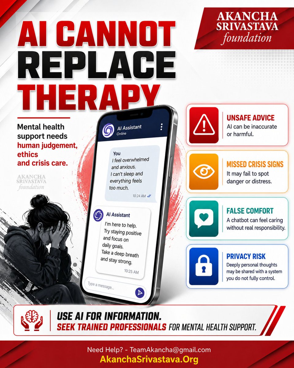 AkanchaS's tweet photo. Reminder - AI cannot replace therapy. Human judgment and ethics are needed for mental health support. Please don't depend on AI for it.
#AkanchaSrivastavaFoundation #India #CyberSafety https://t.co/XyVMN3OeIC