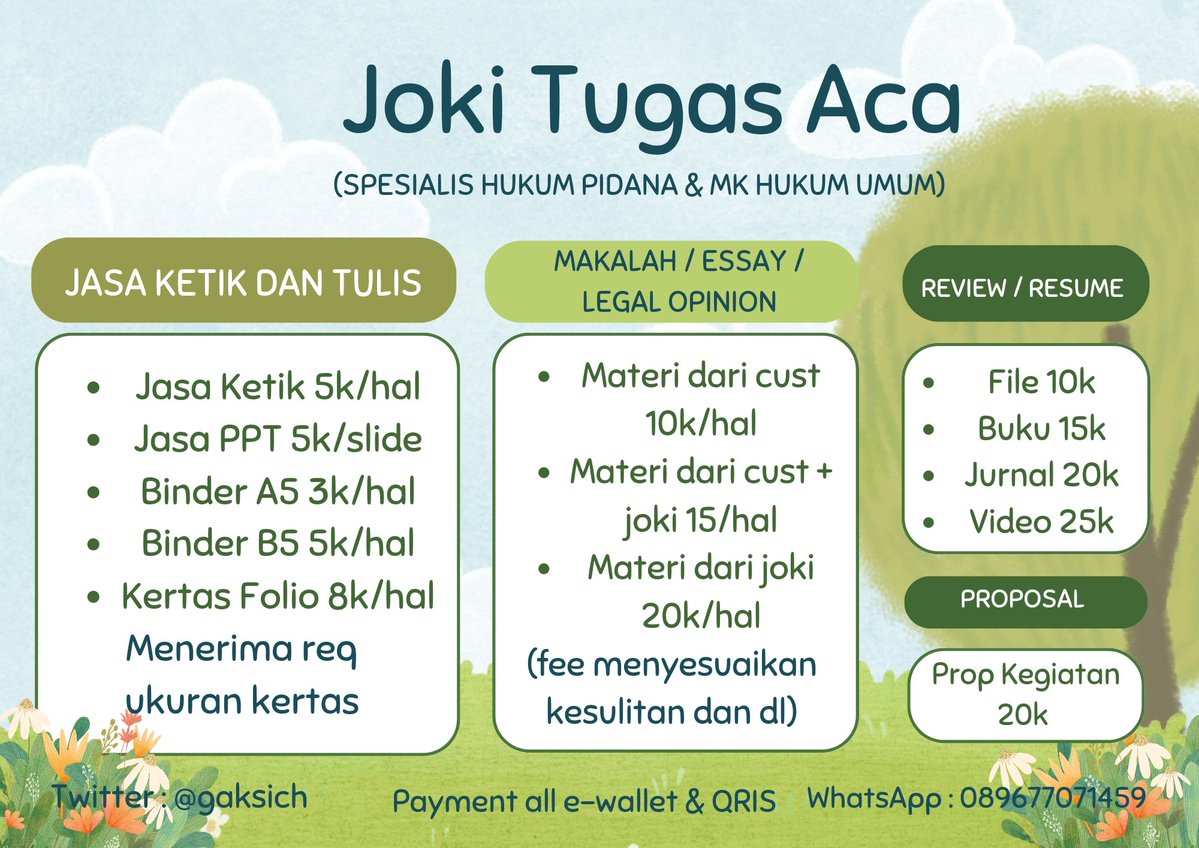 gaksich's tweet photo. open joki tugas sma &amp; kuliah (spess hukum) dijamin trusted dan ga asal-asalan, fee bisa didiskusikan📚

💭 : check testi @ https://t.co/cZqyoWeX6Q 
💌 : https://t.co/Qm6Ll1DlI2 or tag after dm ♡

essay legal opinion review analisis putusan resume makalah artikel hukum #zonauang https://t.co/xH2BFONeD1