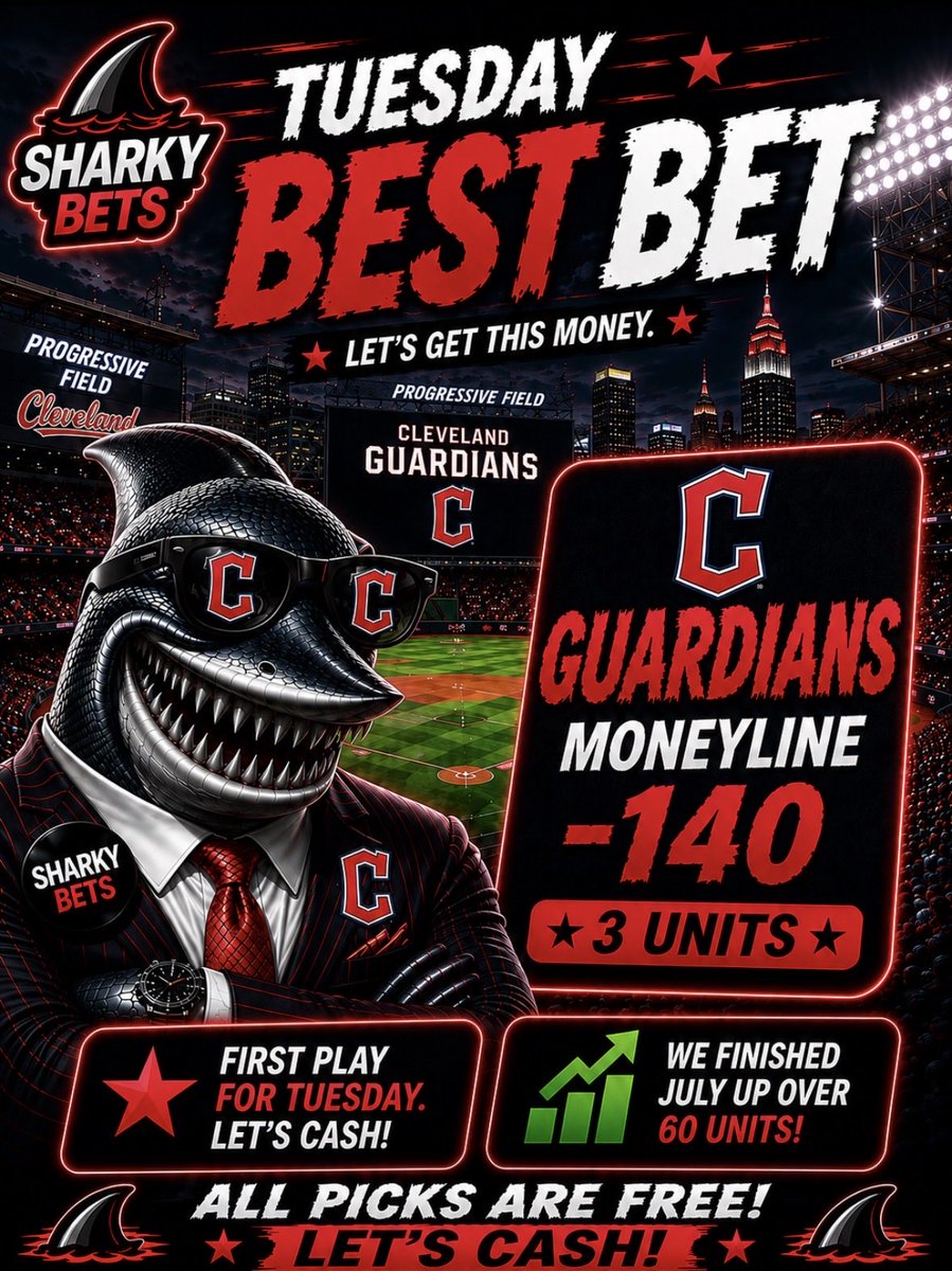 SharkyBets_'s tweet photo. 🚨 TUESDAY’S FIRST BEST BET 🚨

👼 Guardians Moneyline -140 (3 Units)

📈 Ended July up 60+ Units, let’s do it again this month‼️ 🚀

⏰ Get in NOW before this line moves! https://t.co/SB6KFaBjDf