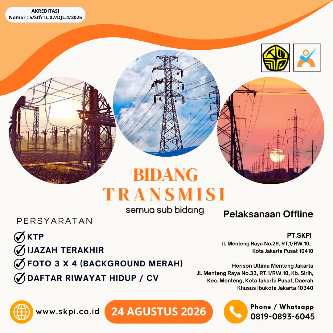 PtSkpi's tweet photo. UJI #SERTIFIKASI TRANSMISI TENAGA LISTRIK TERAKREDITASI 24 AGUSTUS 2026 #lskskpi #ketenagalistrikan
Kuota Tersedia :
Trans 24/08 - 05 orang /05 serkom (20 slots left)

informasi dan biaya Uji : 0819 0893 6045
Lihat jadwal Uji : https://t.co/zShehz95S2
 https://t.co/Va0SOGeGuV https://t.co/RwH3iS6wSq