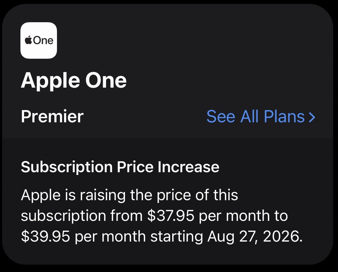 LatchKeyLegend's tweet photo. Apple One goes up $2 again. Every year, like clockwork. 
A company that’s late to every feature, runs its AI on somebody else’s model, and still hypes each phone like they personally invented water. The one thing they’ve truly perfected is the annual price bump. 😒 https://t.co/jFz5olhiG9