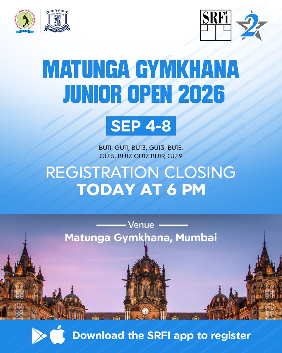 indiasquash's tweet photo. ๐๐บ๐ฝ๐ผ๐ฟ๐๐ฎ๐ป๐ ๐๐ฝ๐ฑ๐ฎ๐๐ฒ. ๐จ
The last date to register for the Matunga Gymkhana Junior Open 2026 is today, with the deadline at 6 PM. ๐
Download & register now through the SRFI App. ๐ฒ
#IndianSquash #Squash #SRFI #MatungaGymkhanaJuniorOpen2026 https://t.co/oFJqliV0M3