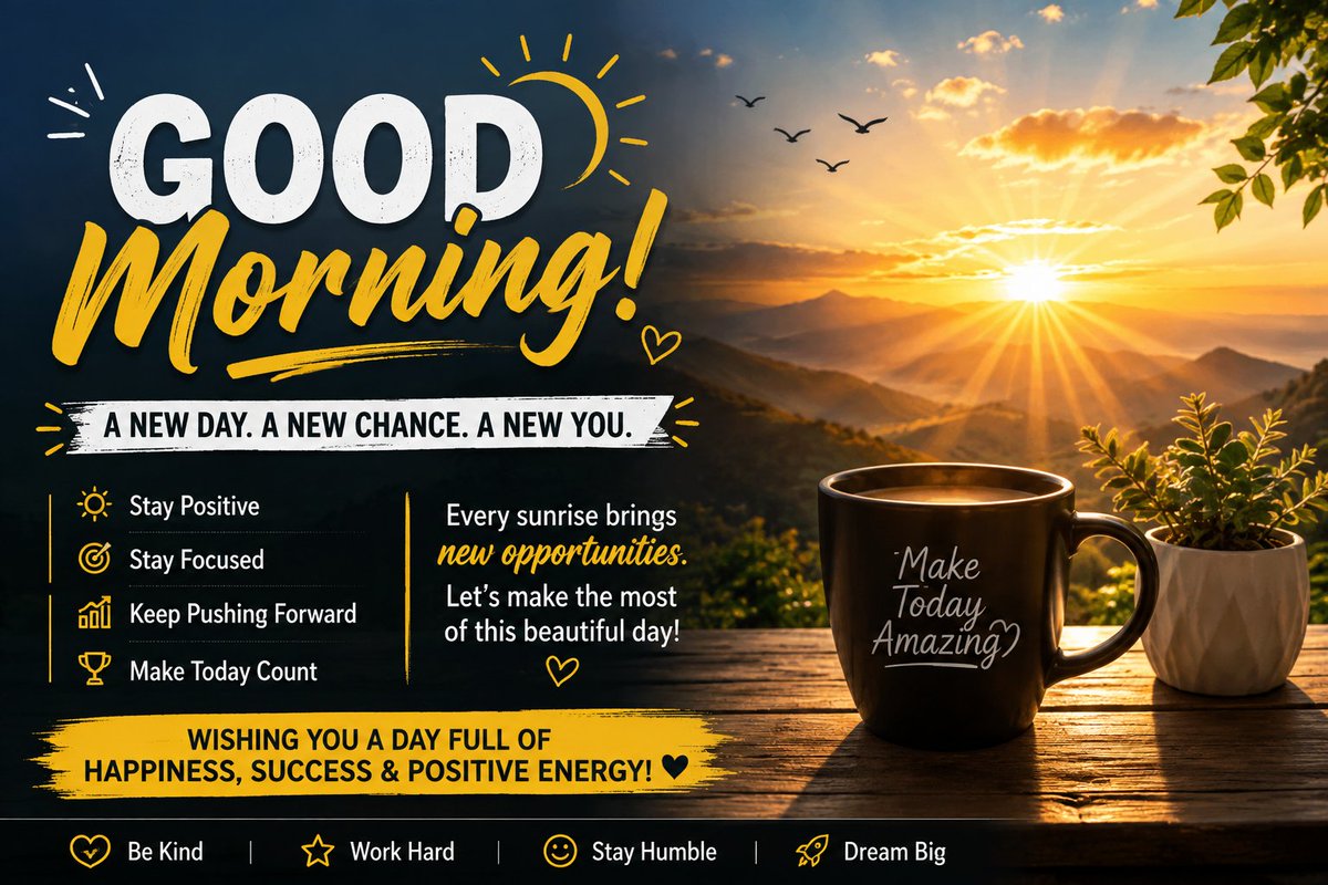 CryptoPlanet0's tweet photo. 🌅 Good Morning, Everyone! ☀️💛

A brand-new day means fresh opportunities, new goals, and another chance to grow.

No matter what yesterday looked like, today is your chance to make progress—one step, one decision, and one win at a time. Stay focused, stay positive, and keep building toward your dreams. 🚀

Wishing you a day full of success, happiness, and positive energy. Let's make today count! 💪✨

#GoodMorning #RiseAndShine #StayPositive #Success #Motivation #HaveAGreatDay