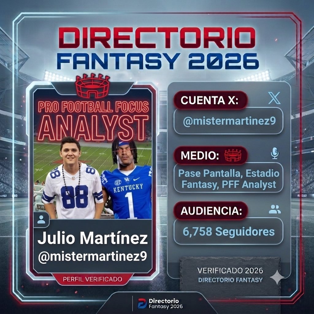 FantasyBowl's tweet photo. Directorio Fantasy en español, día 6

Seguimos con los perfiles Fantasy en español y el día de hoy vamos con un economista de profesión, analista de datos por vocación y uno de los mayores especialistas en formato Dynasty en español. 

👤 Julio Martínez (@mistermartinez9)
🎙️ Medios: Pase Pantalla, Estadio Fantasy & PFF Analyst

Si buscas análisis profundo respaldado en números para dominar tus ligas a largo plazo, tienes que seguirlo.

#FantasyFootball #NFLenespañol #DynastyFantasy #DirectorioFantasy2026