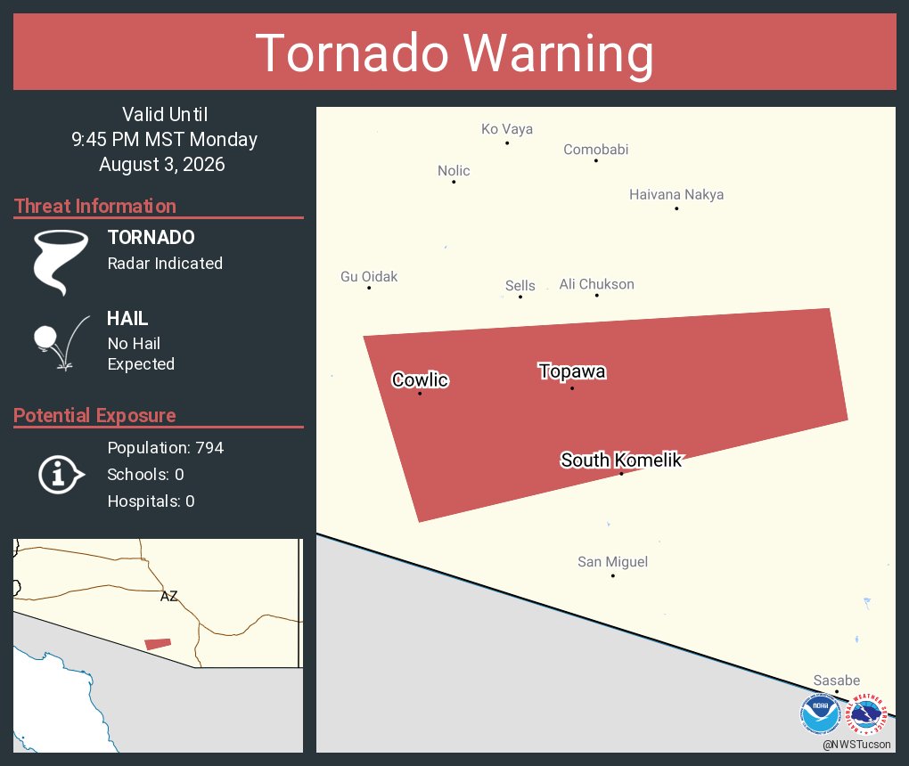 NWStornado's tweet photo. Tornado Warning including Topawa AZ, Cowlic AZ and  South Komelik AZ until 9:45 PM MST https://t.co/c1AcHU0zJL