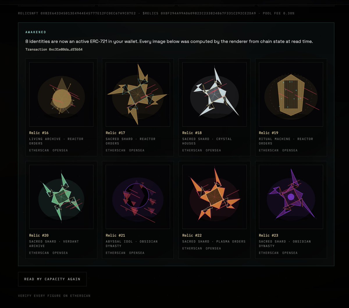 relicsv4's tweet photo. You can now awaken your relics 

1 $RELICS = 1 RELICS

the @opensea collection will be updated as soon as they are indexed. 

https://t.co/c24X2zpqBp https://t.co/DAhNlbf3SK