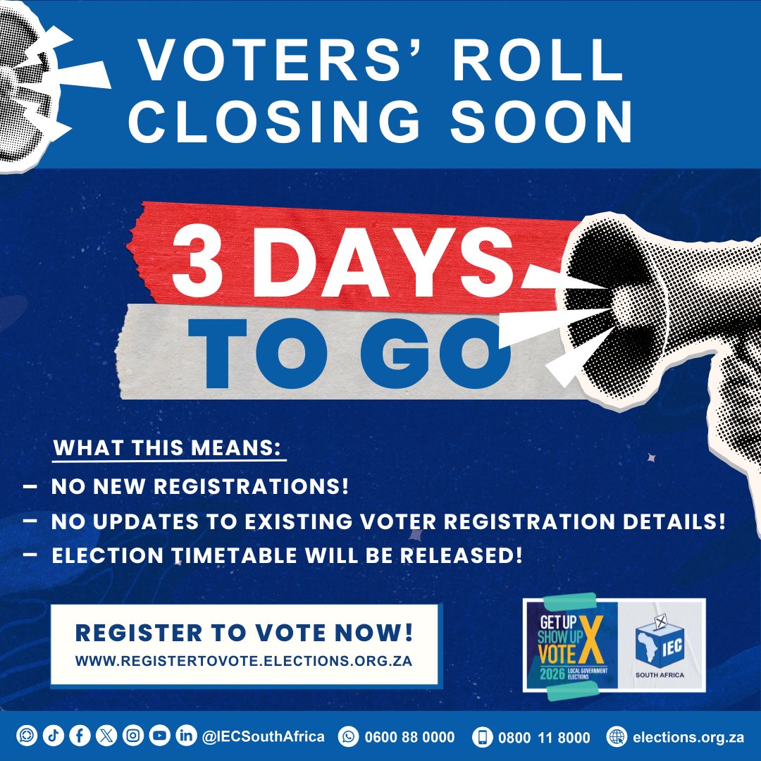 IECSouthAfrica's tweet photo. Missed the Final In-Person Voter Registration Weekend? 

You can still register to vote or update your registration details online.

Online registration remains available until Friday, 7 August.

🔗 Register online: https://t.co/WorsxgXJOo https://t.co/SEaCwTfIhD