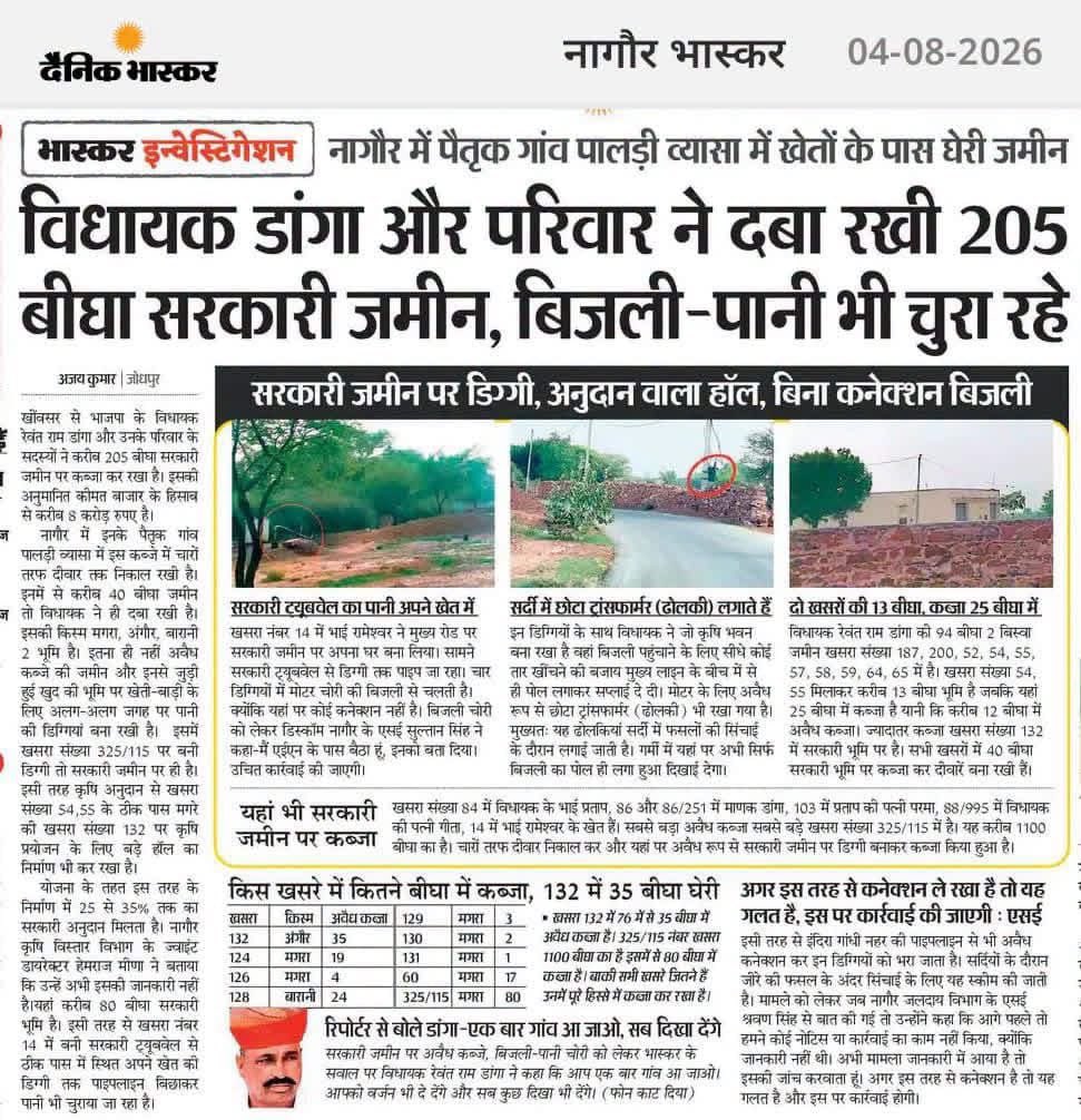 VijayBeniwal_'s tweet photo. पहले 40% कमीशन की खबरों ने पूरे राजस्थान में सुर्खियां बटोरी थीं, और अब लगातार दो प्रमुख संस्करणों में प्रकाशित इस खबर ने नए सवाल खड़े कर दिए हैं।

दैनिक भास्कर की रिपोर्ट में विधायक रेवंत राम डांगा और उनके परिवार पर 205 बीघा सरकारी जमीन पर कथित कब्जा, बिजली-पानी के दुरुपयोग जैसे गंभीर आरोप प्रकाशित हुए हैं। #danga #rewantramdanga #viral @RajCMO @AmitShah