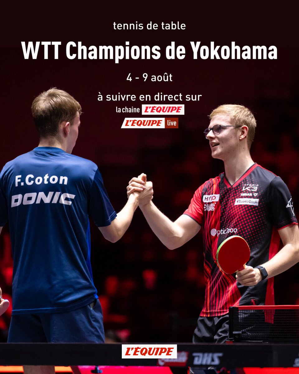 lequipe's tweet photo. Le WTT Champions de Yokohama démarre ce mardi, avec notamment un match entre Flavien Coton et Félix Lebrun !

Suivez la compétition en direct sur L'Équipe live et @lachainelequipe #lequipePING https://t.co/MxKVbqeCPO