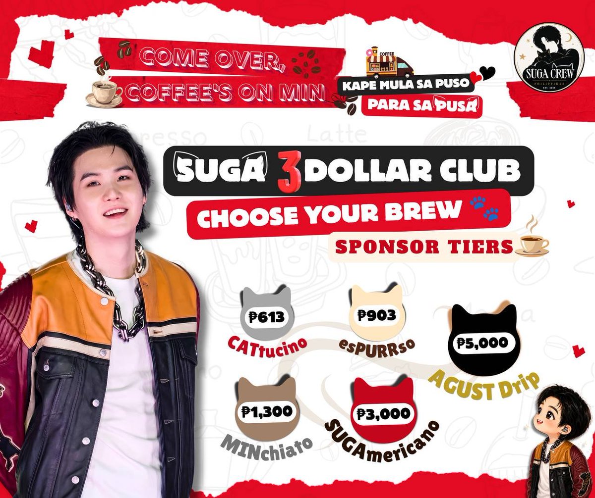 SUGAcrew_PH's tweet photo. WELCOME TO THE SUGA $3 CLUB! ๐ธ๐
Just like every iconic track needs a team in the studio, a great project needs a crew.
Weโre officially opening sponsorship tiers for our COME OVER, COFFEEโS ON MIN Project!
#SUGABdayProject
#BTSinBulacan
#ComeOverCoffeesOnMin https://t.co/PLqCJcmCnB