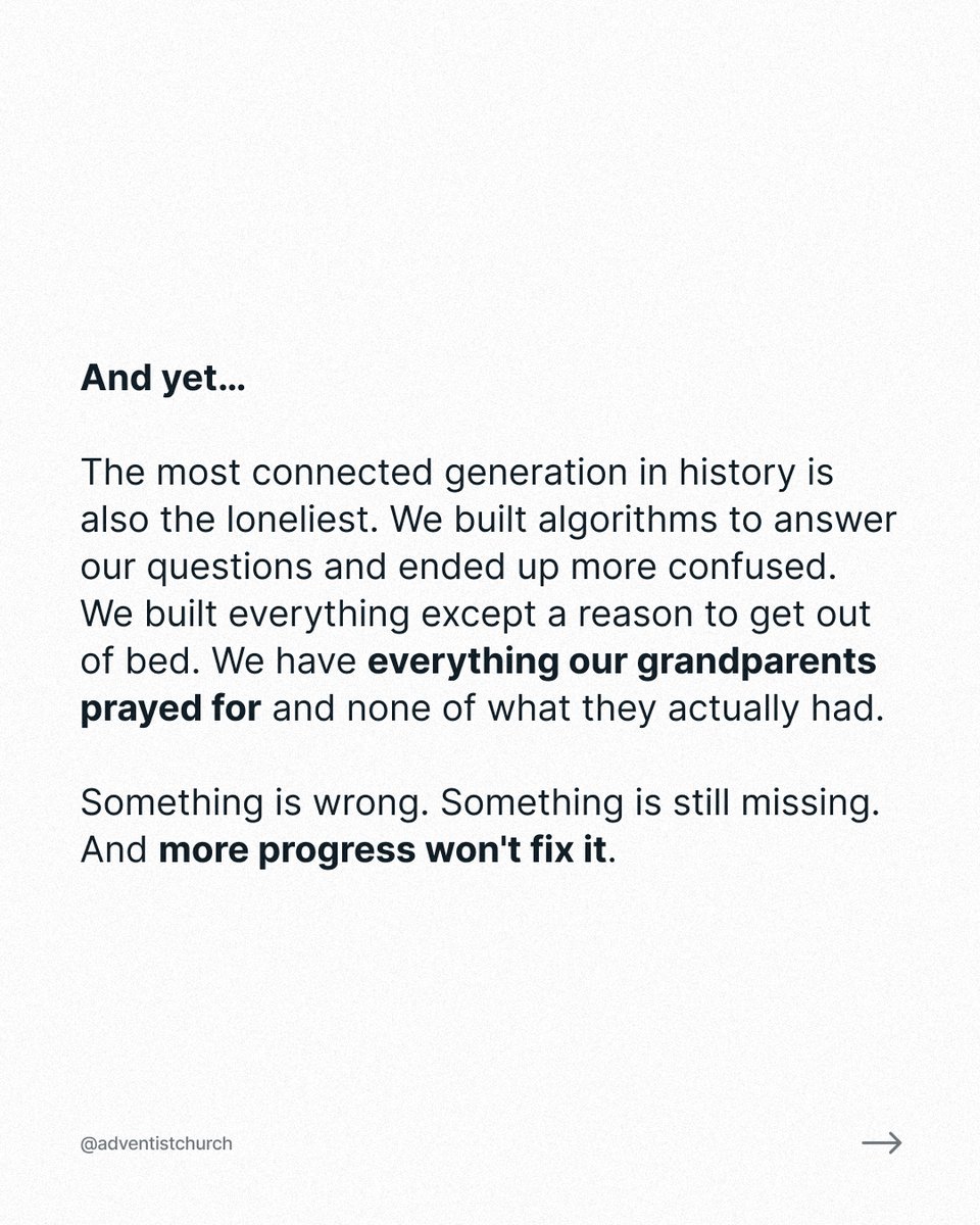 adventistchurch's tweet photo. Every generation thinks it will be the one to finally figure it out: better systems, better technology, better everything. And yet here we are more connected and more lost than ever. 

The issue runs deeper than any human solution can reach, and this is why this world needs Jesus.
