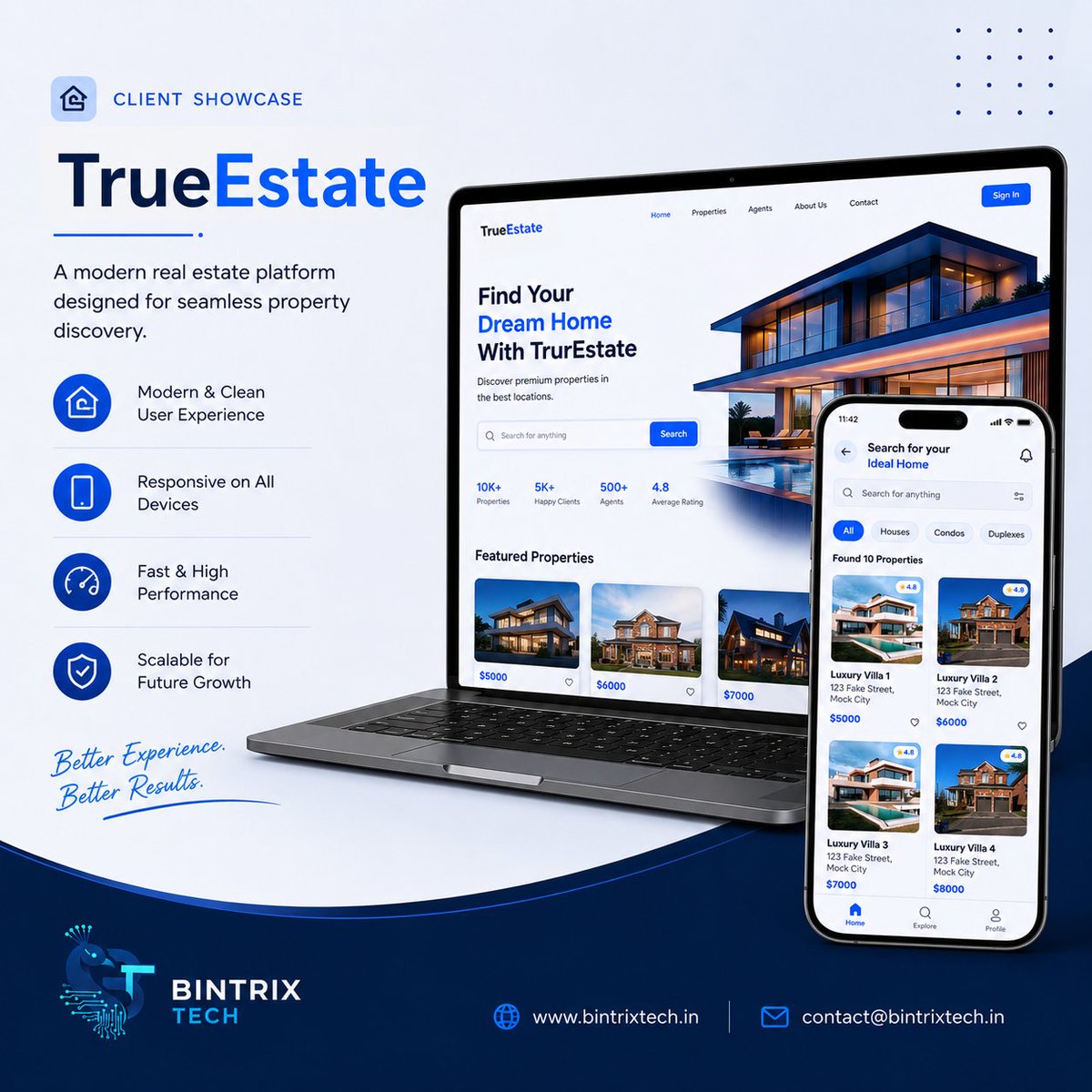 BintrixTech's tweet photo. 🏡 Client Showcase: TrueEstate

We built a modern real estate platform focused on fast property discovery, clean UI, responsive performance, and a scalable architecture for future growth.

Have a real estate platform idea? Comment "PROJECT" 👇

🌐 https://t.co/LEFY2fnbLi https://t.co/tyBTalKxng