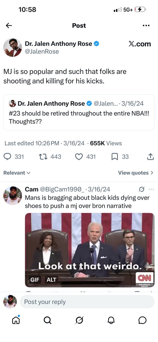BigCam1990_'s tweet photo. This is how weird @JalenRose is, LeBron had just scored 40 and he logged onto Twitter to brag about black kids killing each other over Michael Jordan’s shoes to take away from the 40 point game 😂 this is his analysis, but he’s talking about other peoples analysis. https://t.co/QVJh1Cn6i7