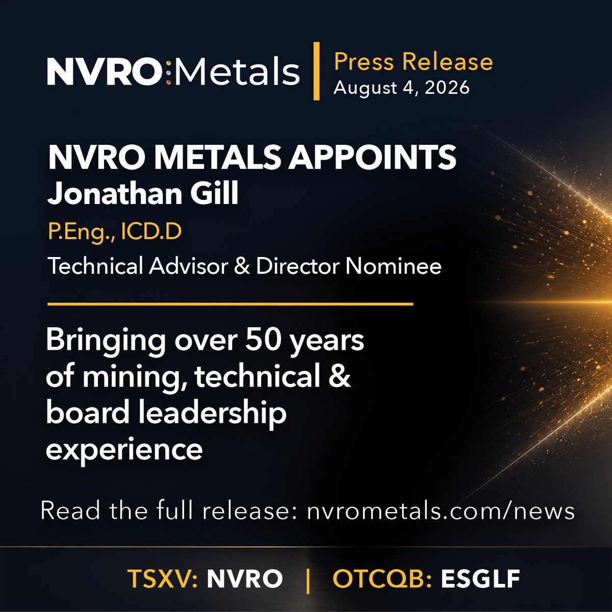 NVROmetals's tweet photo. NVRO Metals is pleased to announce the appointment of Jonathan Gill, P.Eng., ICD.D as Technical Advisor to the Board of Directors. Read the full announcement: https://t.co/LTq94Ig2i2 $NVRO #Mining #CriticalMinerals https://t.co/IEl6OSzK9T