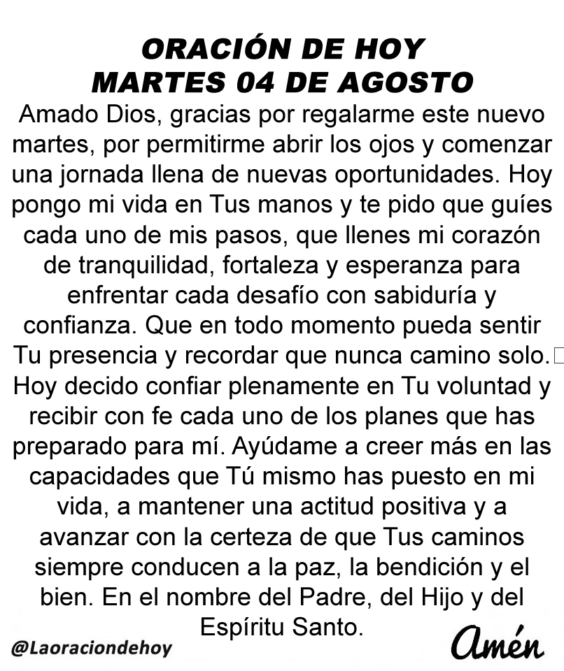 laoraciondehoy's tweet photo. Oración diaria para hoy martes 04 de agosto de 2026. https://t.co/tY4hG9oD2h