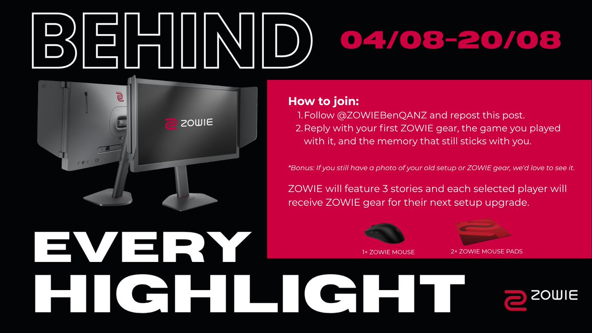 ZOWIEBenQANZ's tweet photo. At ZOWIE, we've always believed that small details make a difference.

For competitive FPS players, every highlight moment is built on countless hours behind the scenes — the aim you improved, the settings you adjusted, and the small decisions that slowly shaped the way you play.

Somewhere along the way, there was probably a piece of ZOWIE gear that became part of your story.

Maybe it was the monitor you used to climb ranks.
The mouse that has been in your hand for years.
Or the setup that was there when you played with the same teammates again and again.

Now we'd love to hear your story.

🏆 1× Best Story — ZOWIE Mouse
🎁 2× Featured Stories — ZOWIE Mouse Pad
#ZOWIE #CS #VALORANT #FORTNITE #PUBG #ApexLegends