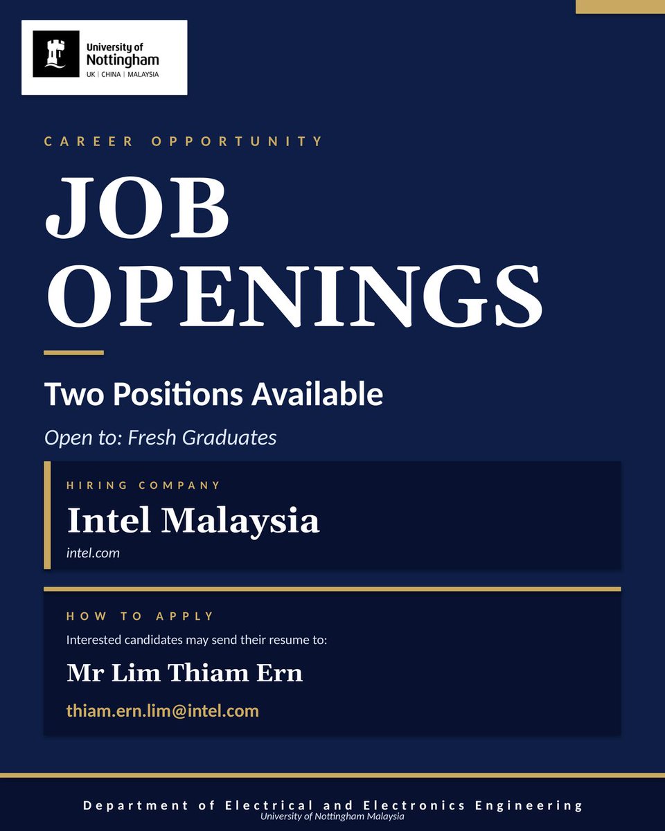 UNM_EE_Eng's tweet photo. Two Job Openings at Intel Malaysia

Open to fresh graduates — no specific position.

Send your resume to Mr Lim Thiam Ern: thiam.ern.lim@intel.com

#UNMEEE #Intel #JobOpening #FreshGraduates #UNMMalaysia https://t.co/iei04Omzqo