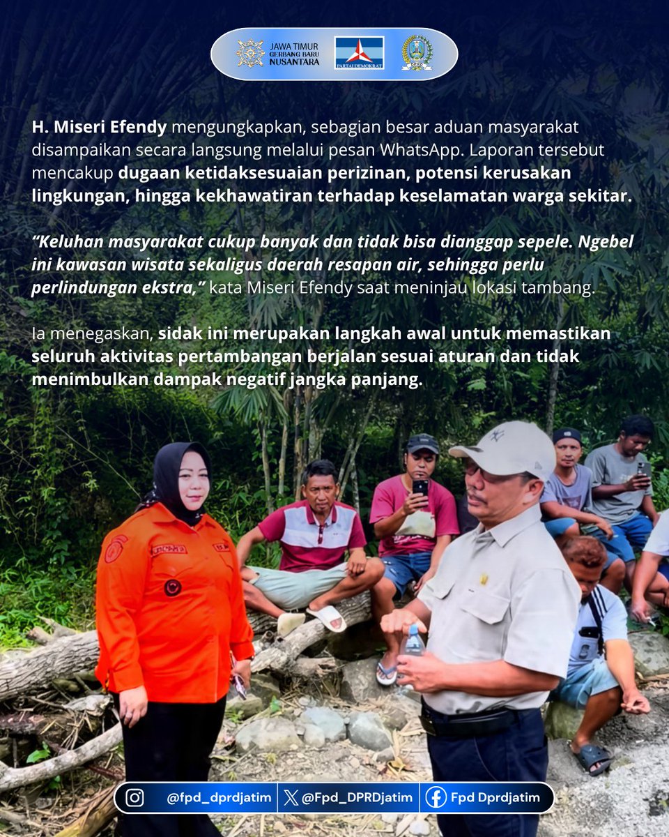 Fpd_DPRDJatim's tweet photo. Anggota Fraksi Partai Demokrat DPRD Prov. Jawa Timur H. Miseri Effendy Sidak Aktivitas Tambang di Ngebel, Ponorogo karena banyaknya keluhan dari Masyarakat setempat.

sumber : https://t.co/r7txR6kfSc

#fpddprdjatim #dprdjatim #pdemokrat #demokratjatim #tambang https://t.co/iofnUATTnX