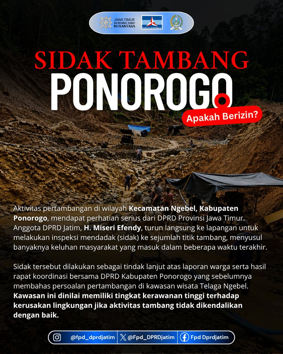 Fpd_DPRDJatim's tweet photo. Anggota Fraksi Partai Demokrat DPRD Prov. Jawa Timur H. Miseri Effendy Sidak Aktivitas Tambang di Ngebel, Ponorogo karena banyaknya keluhan dari Masyarakat setempat.

sumber : https://t.co/r7txR6kfSc

#fpddprdjatim #dprdjatim #pdemokrat #demokratjatim #tambang https://t.co/iofnUATTnX