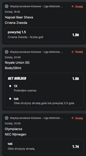 _bukzaplac's tweet photo. Wtorkowa Liga Mistrzów? Próbujemy. 👍 🏆 ⚽️

Start tygodnia zawaliła bezjajeczna Cracovia, szkoda. Dziś rozgrzewka przed polskim graniem w pucharach.

Parę słów o każdym z meczów, żeby nie było grania na pałę.

🇮🇱 🇷🇸 W tej parze jednak wyraźnie mocniejsza wydaje się być Crvena zvezda. 5:0 i 3:1 w lidze, 4:0 i 5:0 z Larne - no zaczęli mocno, zresztą zdecydowanie mają kim straszyć. Hapoel za to zupełnie odwrotnie - 1:3 w Superpucharze, potem przegrali 1:2 z Vikingurem i musieli gonić. Do tego po tym dwumeczu sprzedali Kingsa Kangwę, który w dwóch poprzednich sezonach strzelał 14 i 12 bramek.

🇧🇪 🇳🇴 Jak na eliminacje i to 3. rundę to jest mega hit. Obie ekipy fajnie pokazały się już w Europie, zwłaszcza Bodo/Glimt, ale... grając na wyjeździe tracą jednak sporo swoich atutów i stracili podstawową #9, stąd 1X. Jedni i drudzy mają kim postraszyć i prezentują piłkę nastawioną na atakowanie, także liczę na gole. Patrzę na LM z tamtego sezonu i widzę, że w fazie ligowej na 16 meczów jednych i drugich (łącznie) tylko 4 nie spełniały któregoś warunku, potem Bodo/Glimt w każdym z czterech spotkań dawało plus. W eliminacjach ze Sturmem również.

🇬🇷 🇳🇱 Olympiakos jest faworytem, zwłaszcza u siebie, ale... Ja pamiętam tamten sezon NEC. Tam działo się mecz w mecz, grają naprawdę mega ofensywną i bezkompromisową piłkę. W Eredivisie nastukali 77 bramek (więcej tylko PSV), przy czym 53 stracili, w samym 2026 roku aż 18/21 meczów z golem w obie strony, żadnego meczu bez bramki. 

Jak komuś siada, proszę bardzo:
https://t.co/6lZpFNVXpd